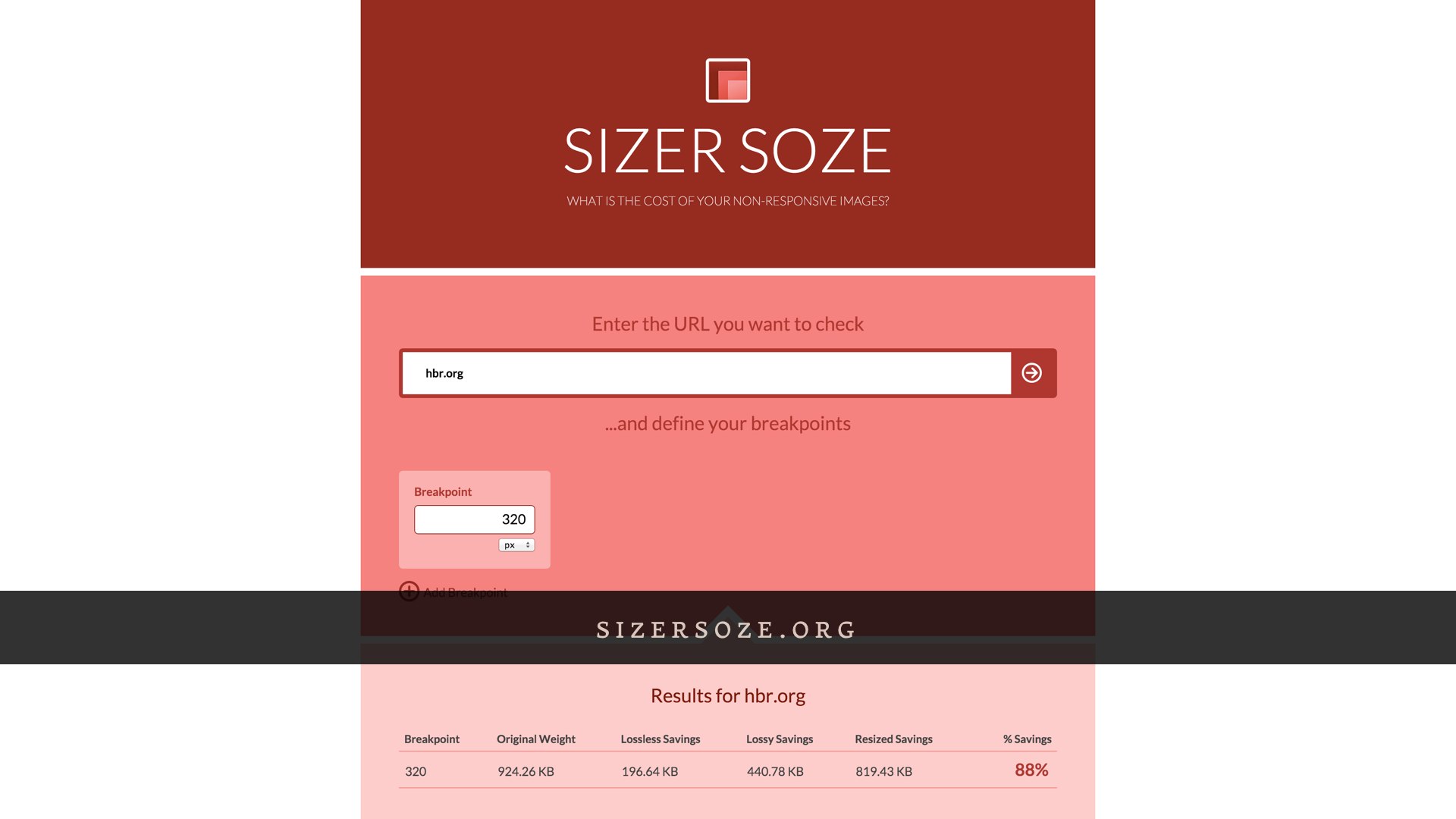 Screenshot of the SizerSoze.org responsive image savings calculator