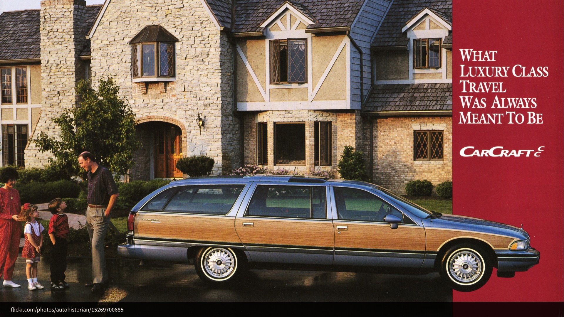 A dated advertisement for a wood-paneled station wagon