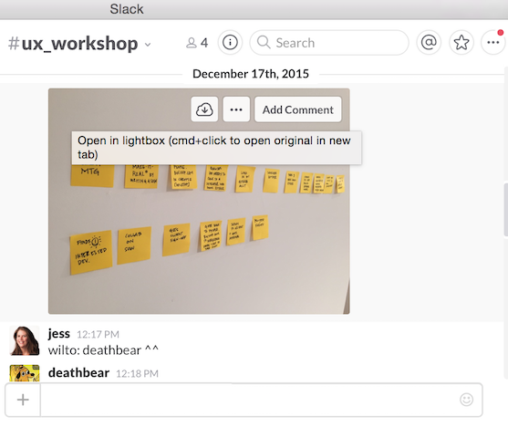 Screenshot of the #ux_workshop slack channel at bocoup
