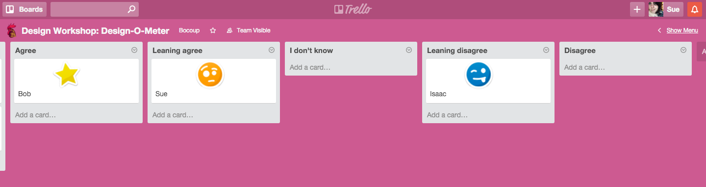 Screenshot of our trello board with columns for agree, leaning agree, don't know, leaning disagree and disagree.