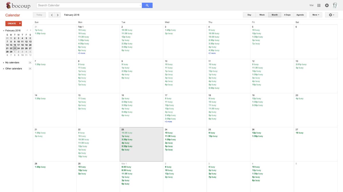 Screenshot of the speaker’s Google Calendar, with scant few times not marked as “busy”