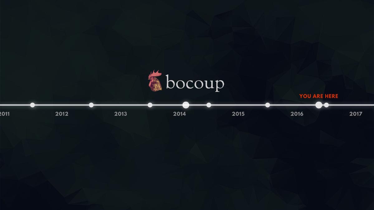 A timeline from 2011 to 2017, with the approximate current day marked “you are here” and the Bocoup logo marking mid-2014.