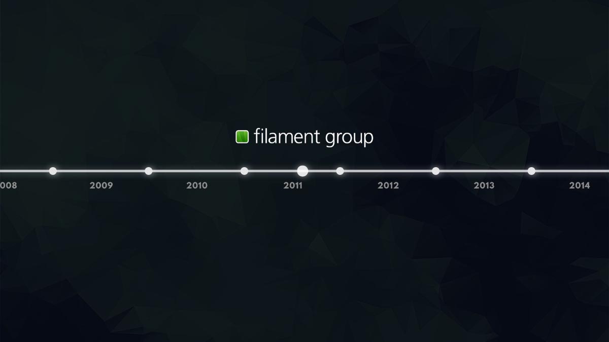 A timeline from 2008 to 2014, with the Filament Group logo marking mid-2011.
