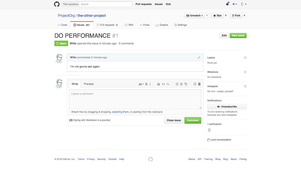 Screenshot of a GitHub issue page, with the name “do performance” in all caps, and a comment reading “I’m not gonna ask again.”