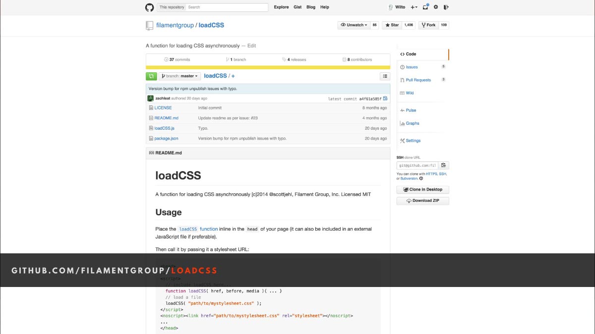 Screenshot of the LoadCSS GitHub repository landing page.