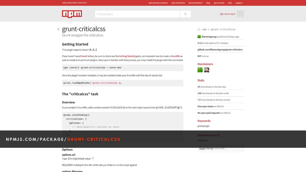 Screenshot of the NPM landing page for the grunt-criticalcss project.