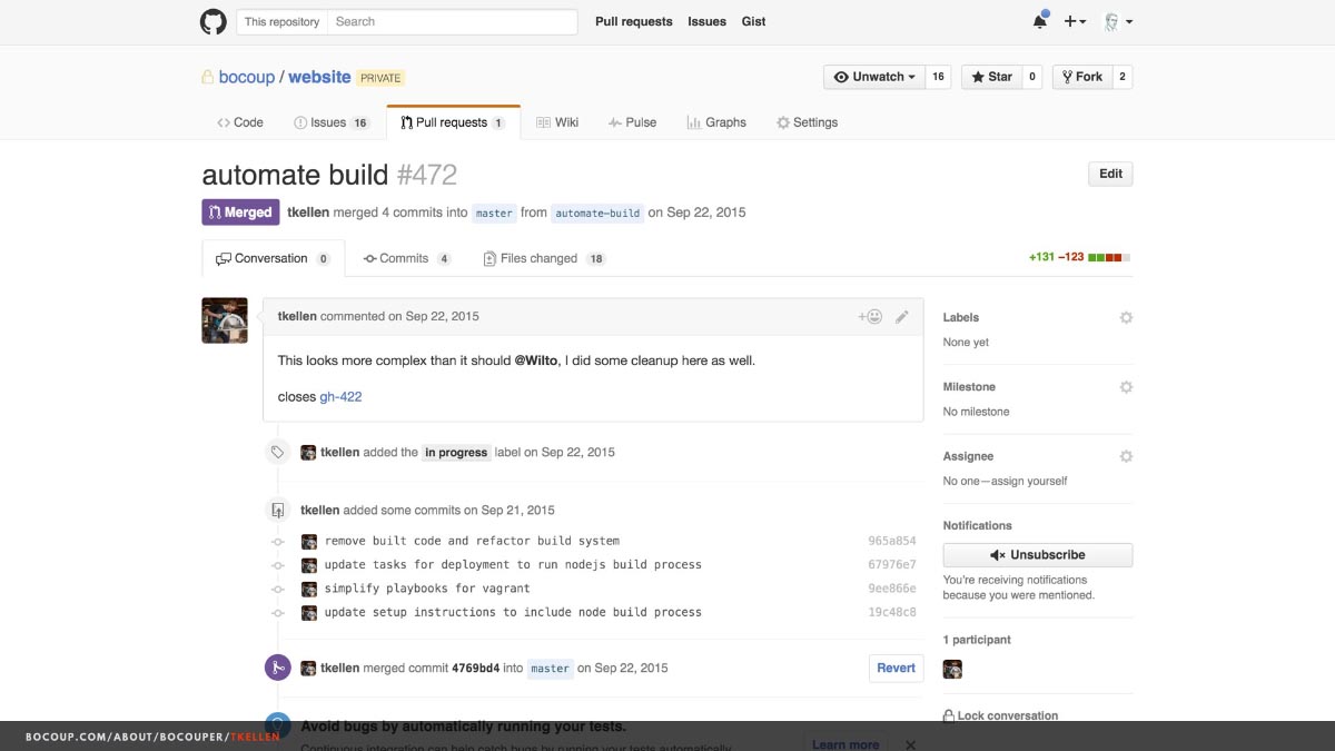 Screenshot of a pull request in the Bocoup.com private github repo, filed by Tyler Kellen, titled “automate build process”