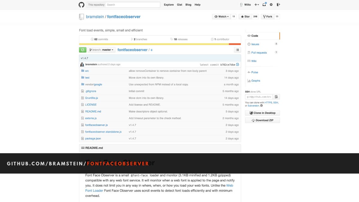 Screenshot of the Font Face Observer GitHub repository landing page