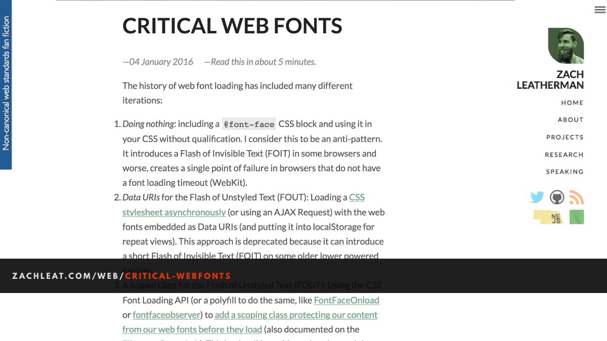 Screenshot of the Critical Webfonts blog post, linked below