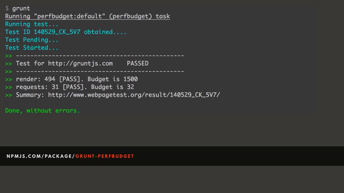 Screenshot of a terminal window, showing perfbudget task completing successfully