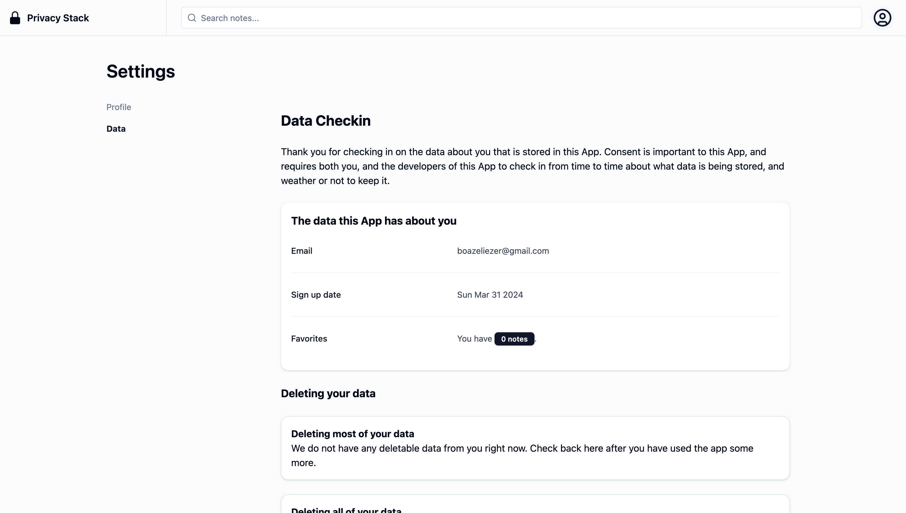 Screenshot of the data setting page in the privacy stack's demo app