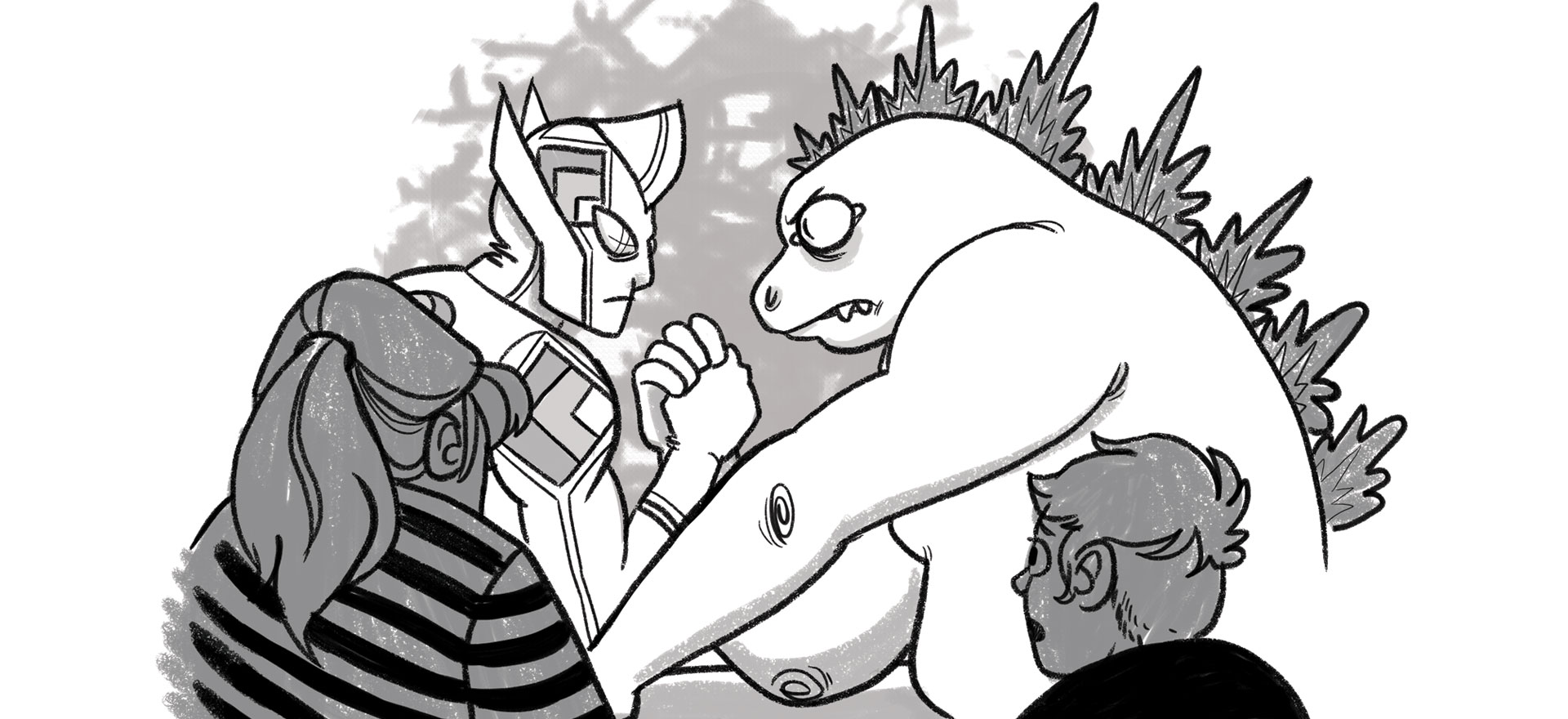 The RICG, represented by an Ultraman-like character, arm-wrestling a web standards kaiju to a stalemate.