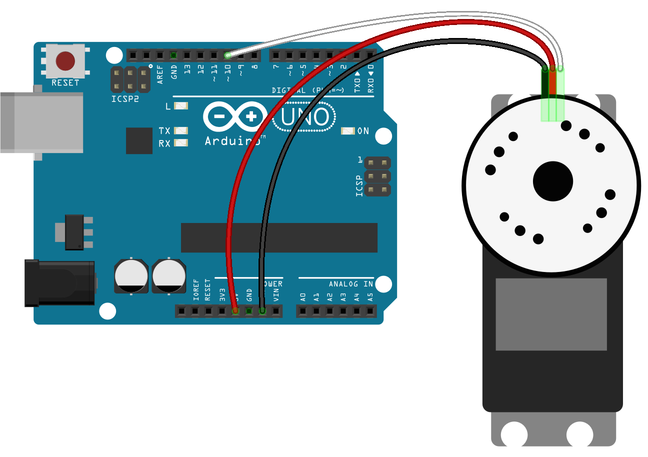 Diagram of how to connect a continuous servo to an Arduino microcontroller